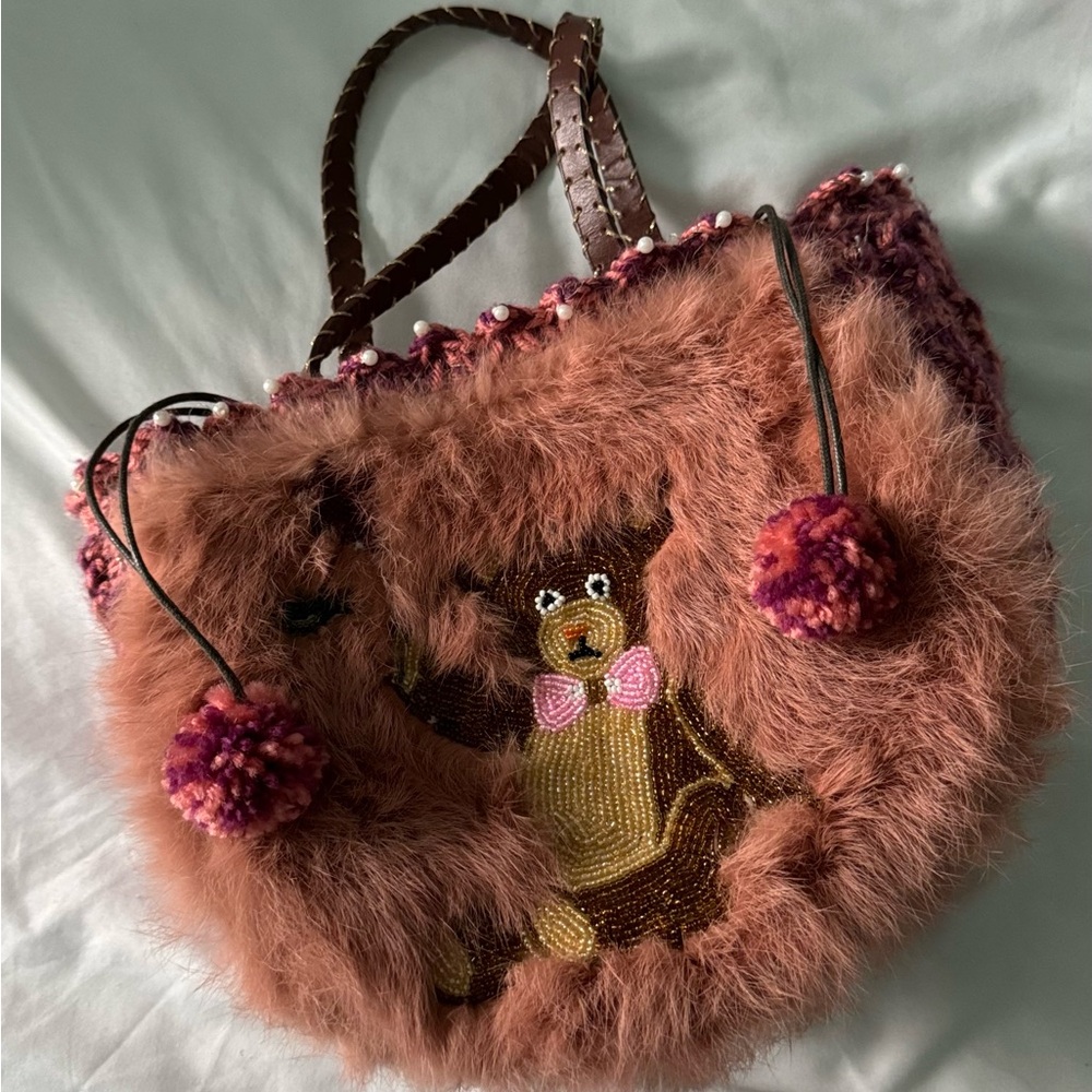 vintage genuine fur knit beaded bear purse
